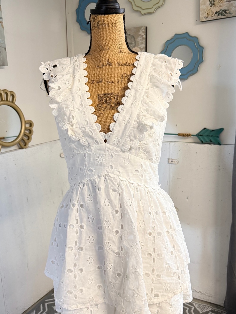 Altar'd State White Eyelet Romper with Ruffle V-Neck
